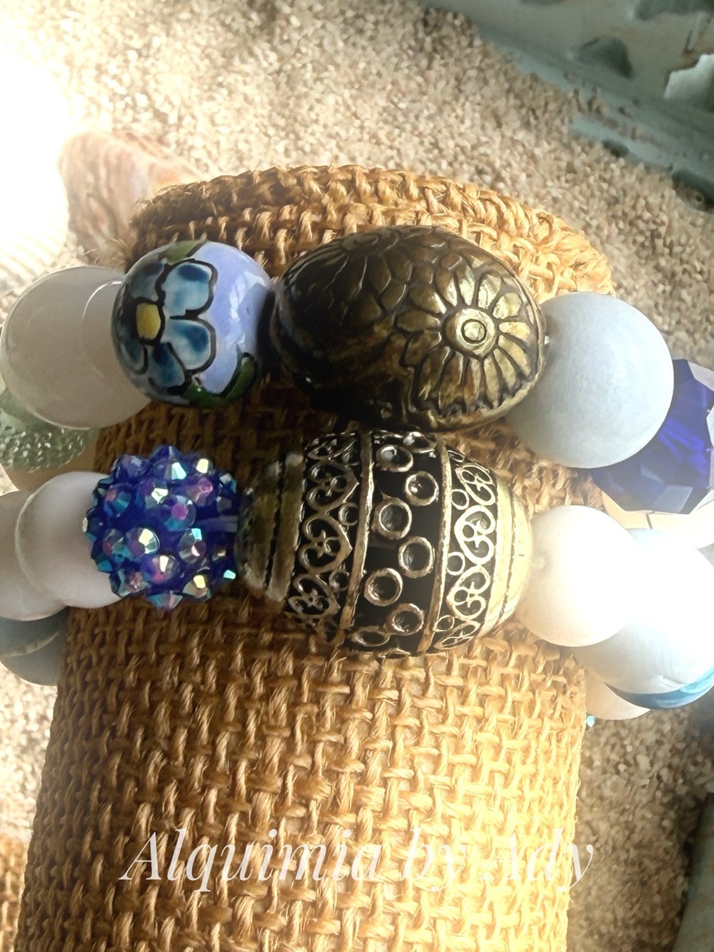 European stack+bronze  Filigree Bead Bracelet with Iridescent Blue Accents